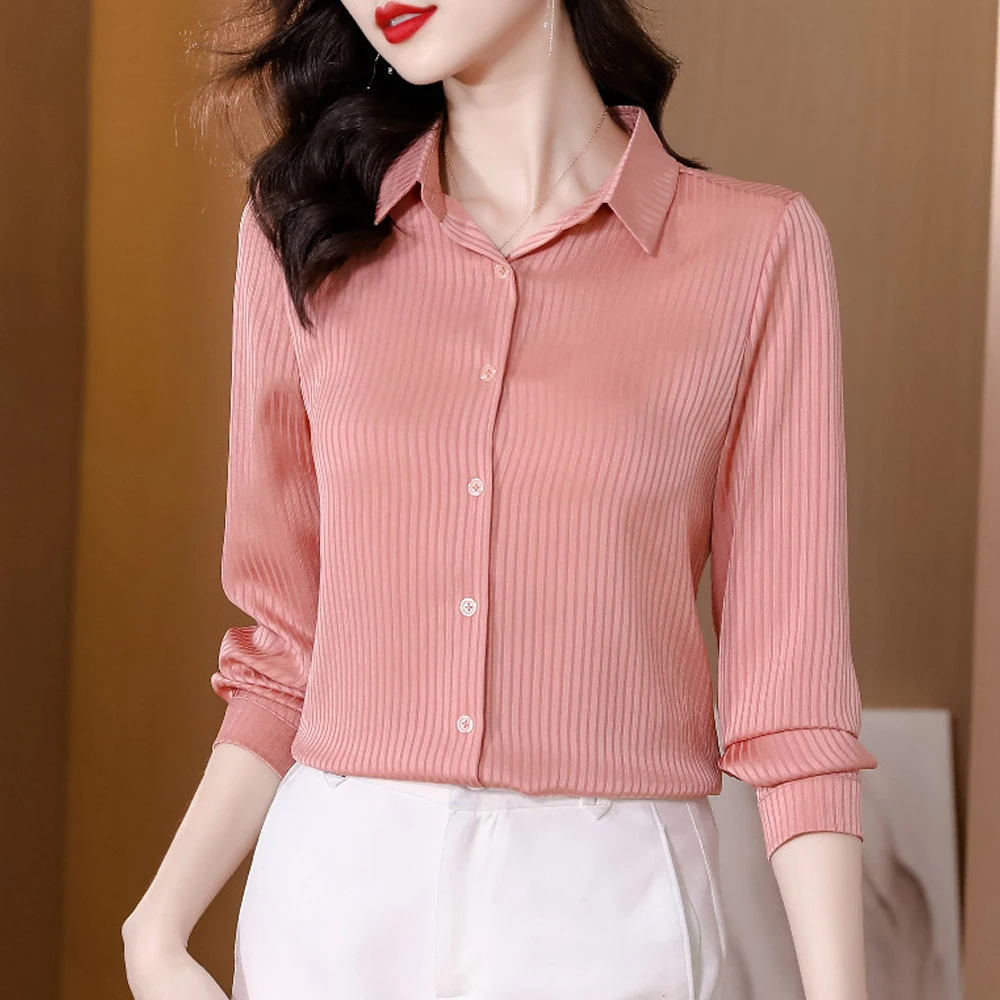 New Style Striped Silk Shirts Women Elegant Long Sleeve Lapel Fashion Women Blouses 2024 Office Lady Formal Tops Casual Clothing