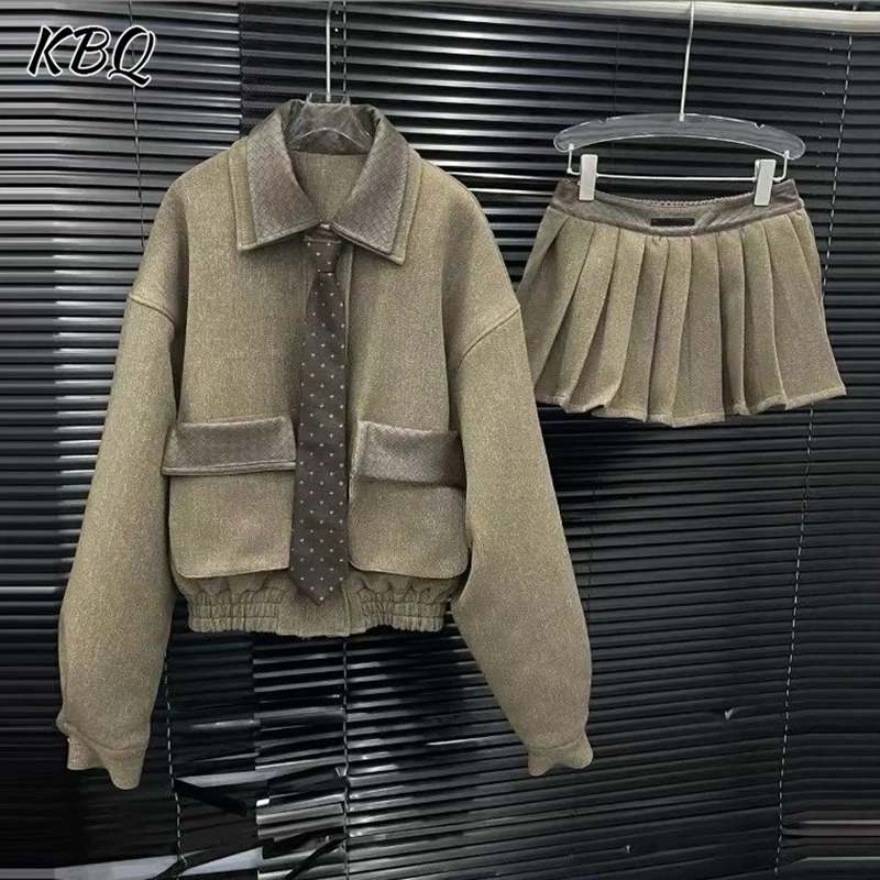 KBQ مجموعة تصميم النمط الكوري للنساء التلبيب كم طويل تقسم زر معاطف عالية الخصر مطوي تنورة ملابس العمل مجموعة الإناث الموضة #1