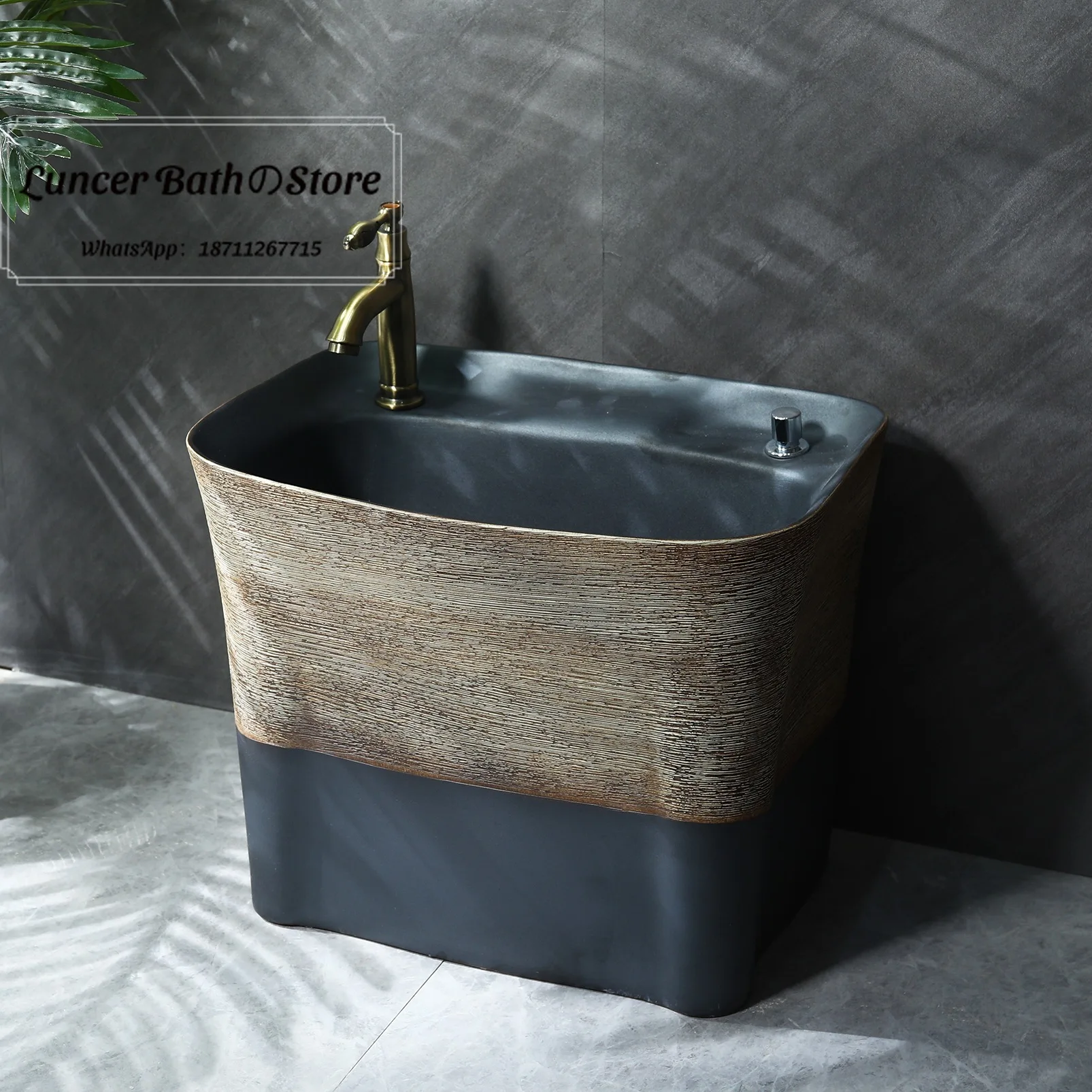 Large Capacity Black Square Ceramic Mop Basin Floor Mounted Household Cleaning Sink for Bathroom Balcony Courtyard