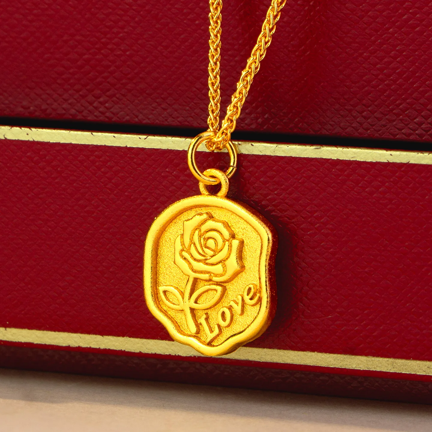 women brushed rose gold pendant made of 24K pure gold AU999 builds soft trendy vibe for young girls.