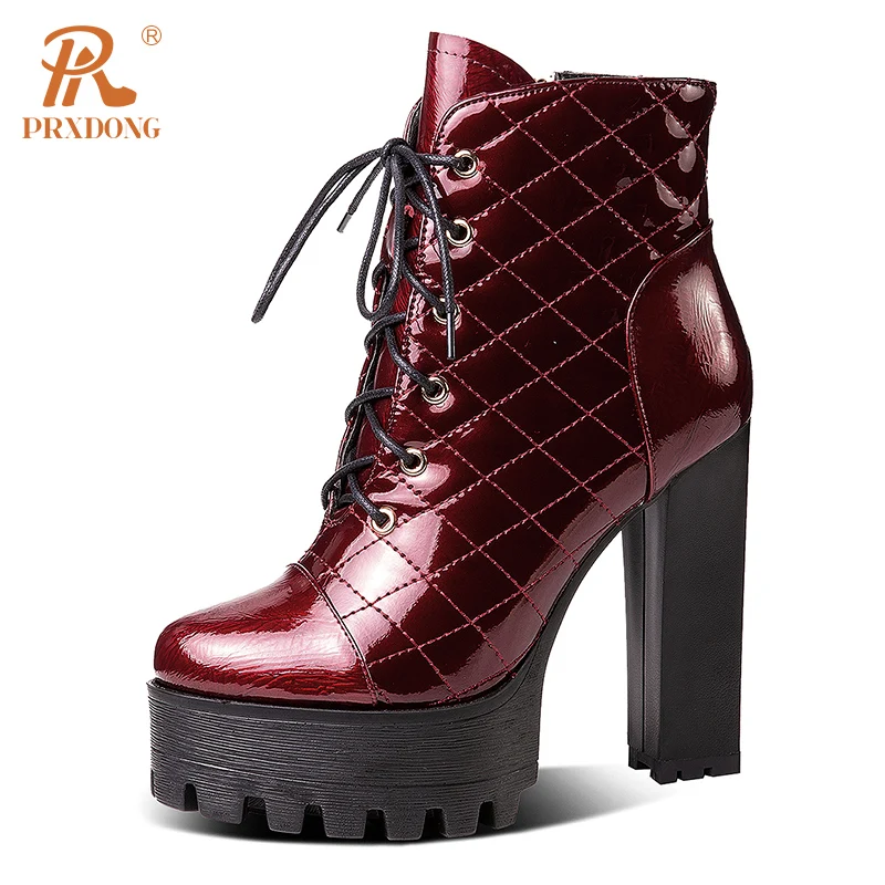 

PRXDONG New Brand Genuine Cow Leather Autumn WInter Warm Shoes Woman ANkle Boots High Heels Thick Platform Black Dress Party 39