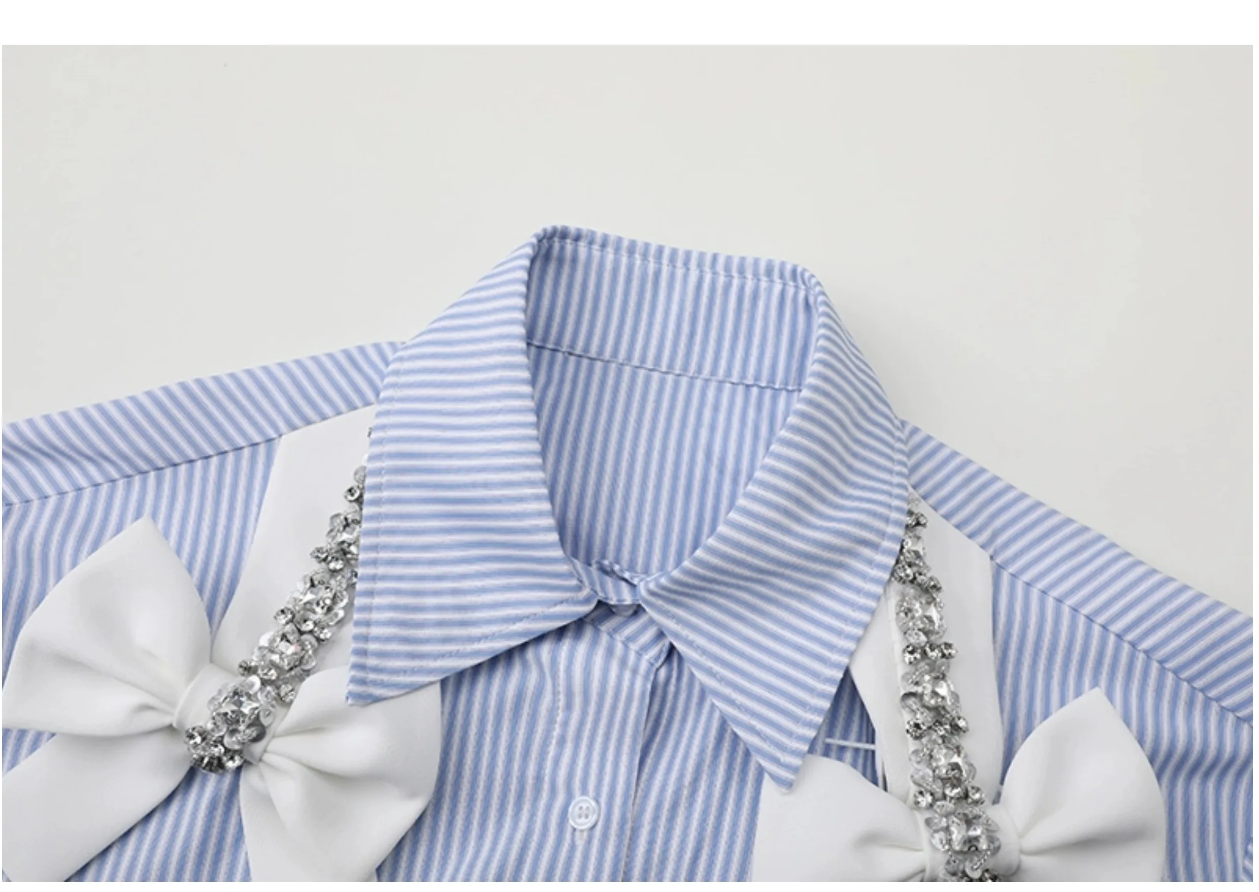 2025 Spring New High-end Women's Blue Vertical Striped Shirt Trendy Tops Shoulder White Bow Bead Diamond Long Sleeve Nice Shirts