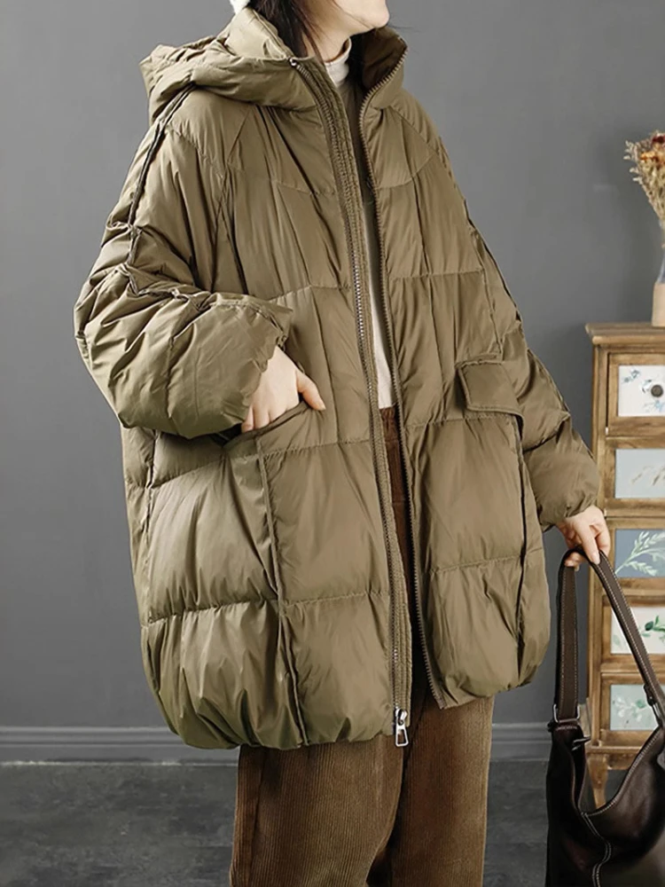 Moda feminina 90% pato branco para baixo jaqueta com capuz outono inverno quente oversize puffer casaco casual solto grosso parkas feminino outwear