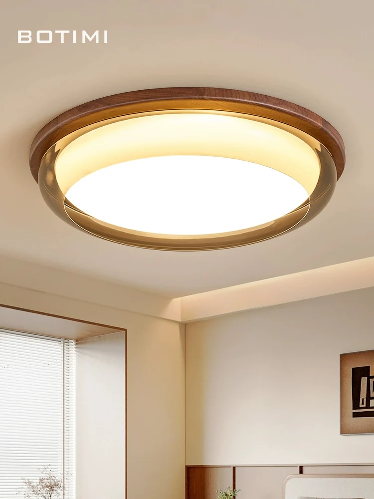 

BOTIMI Round Walnut Wood LED Ceiling Lights For Living Room Solid Wood Surface Mounted Bedroom Lighting Modern Rooms Lamp