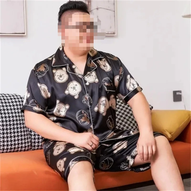 3XL-5XL 150 كجم حجم كبير ملابس خاصة فضفاضة الرجال بيجامة من الساتان الصيف الكرتون قصيرة الأكمام زر حتى بلوزات والسراويل Pj صالة مجموعة #2