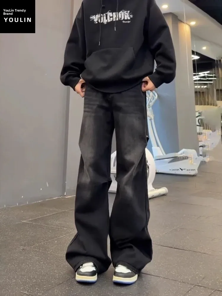 

Мужские черные плиссированные расклешенные джинсы с заклепками, зимние, с высокой талией, свободные, прямые, рабочие брюки, винтажные джинсы с прямыми штанинами