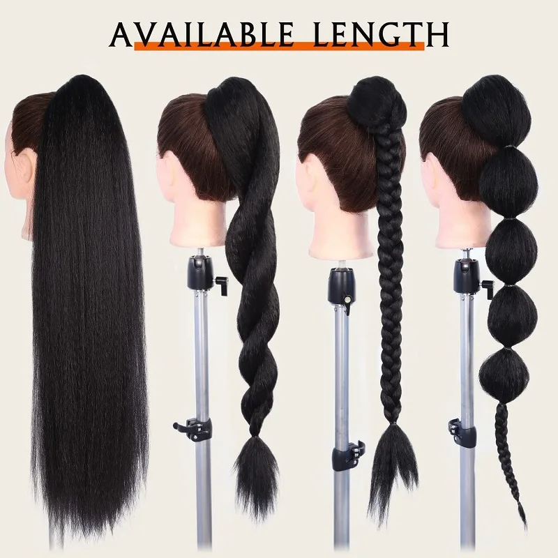 22Inch Synthetic Long Yaki Straight Ponytail Drawstring Clip in Hair Extension Fluffy Black Hair for Women