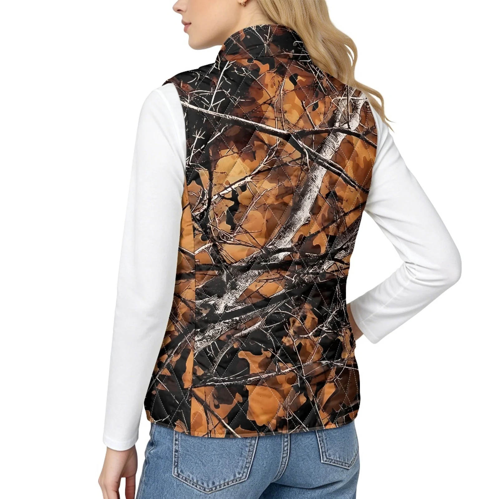 PENSTROLL Camo Branch Print Zip up Diamond Pattern Vest Warm Women's Quilted Vest Women's Quilted Jacket Vest for Outdoor Winter