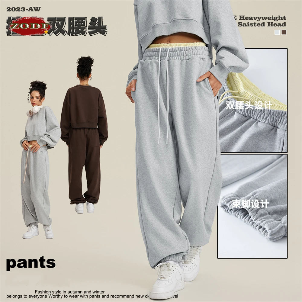 ZODF New 2023 Autumn Winter Men 440gsm Sweatpants Unisex High Street Retro Double Waist Band Heavy Weight Loose Pants HY0619