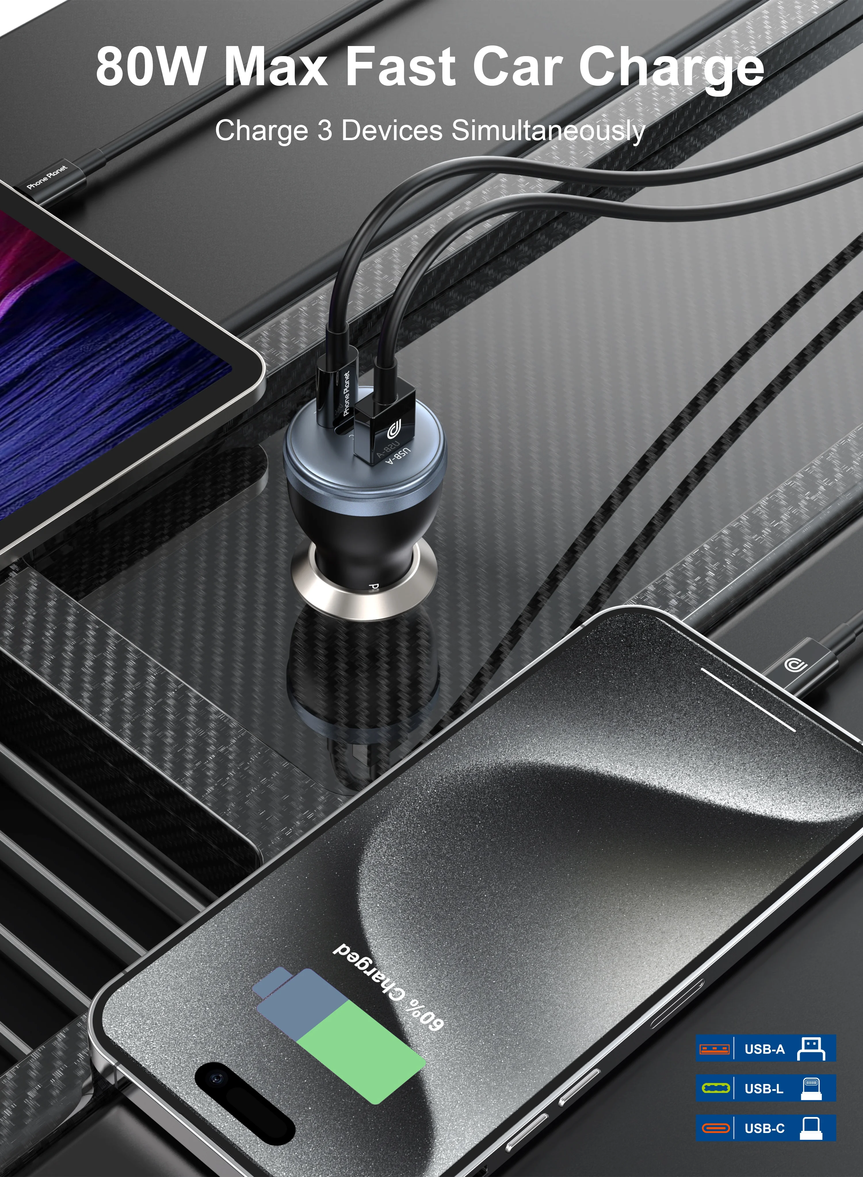 

Автомобильное быстрое зарядное устройство 80 Вт/60 Вт с 3 портами (1A1C1L), универсальный автомобильный адаптер для iPhone 17, 16, 15, Samsung, Xiaomi, Huawei, iPad, планшетов, диктофонов