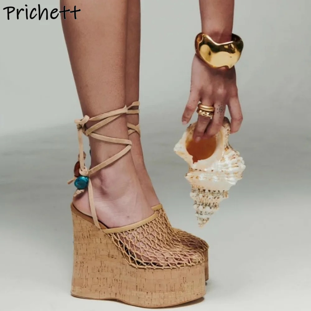

Hollow Weave Wood Grain Sandals Platform Wedges Beads Ankle Band Round Toe Light Brown Shoes Stiletto Summer Women Fashion Shoes