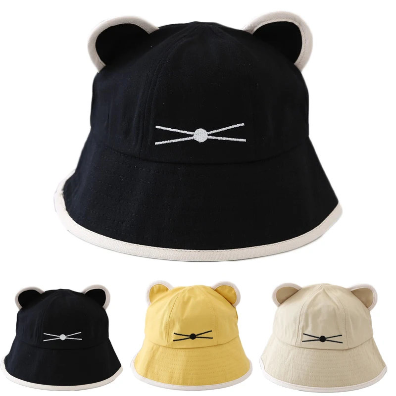 Cute Cat Ears Bucket Hats Women Girls Cotton Fisherman Hat Spring Summer Korean Outdoor Beach Sun Visor Caps Brim Panama Cap