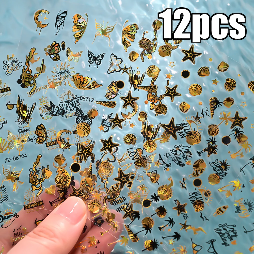 

12Pcs 3D Gold Bronzing Marine Life Nail Stickers Conch, Starfish, Shell, Mermaid, Butterfly Nail Decals Self-Adhesive Ocean Deco