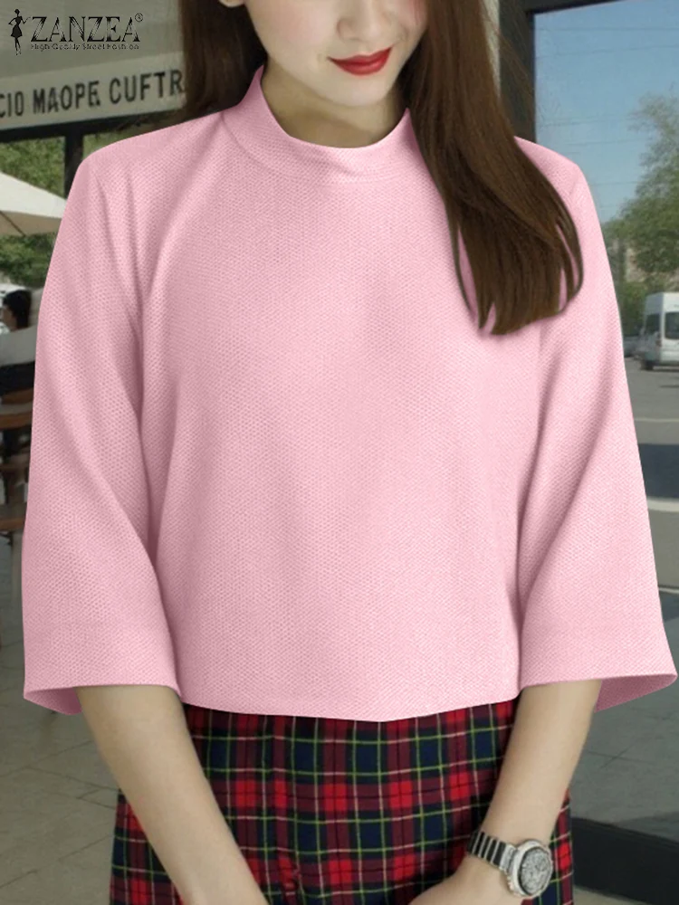 

2025 ZANZEA Summer Blouse Women Fashion 3/4 Sleeve Solid Color Tunic Tops Elegant Office OL Shirts Half High Collar Loose Blusas