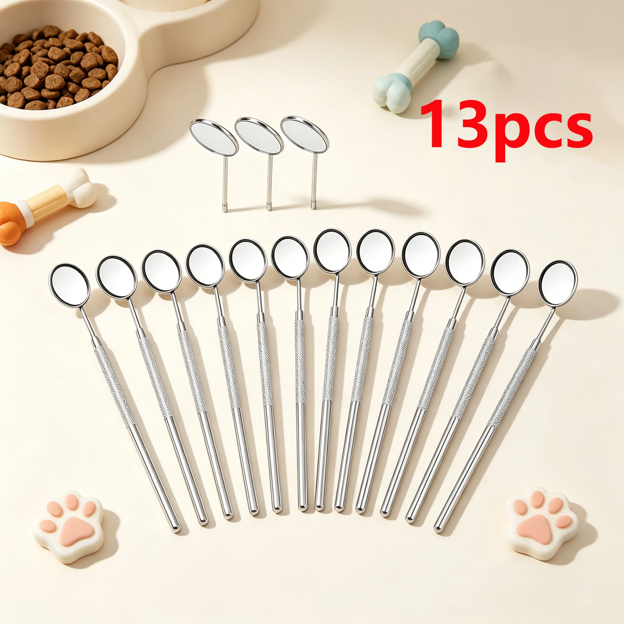 13Pcs Reusable Pet Examination Mirrors, with Replacement Lenses, Stainless Steel Pet Round Mirrors, Handheld Mirrors, Suitable for Portable Oral Care for Dogs and Cats, Home Pet Care, Outdoor Activities, and Travel Use