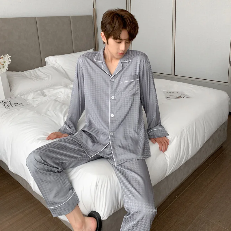 Houndstooth Men Shirt Pants Pajamas Suit Sleep Wear Nightwear Ice Silk Home Clothes Loose Loungewear Lapel Homewear Sleepwear