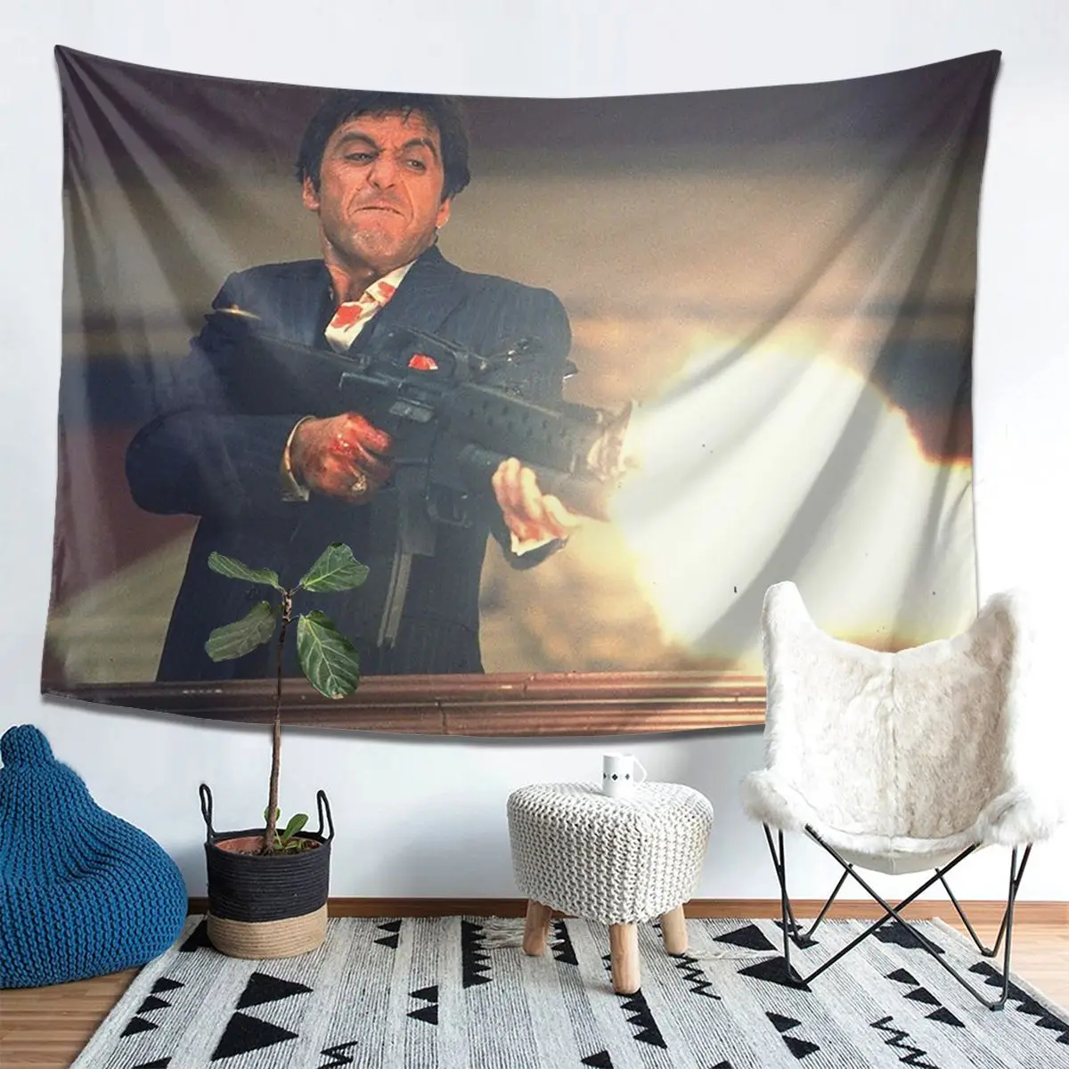 

Scarface Tony Montana Shooting Tapestry Decoration Art Aesthetic Tapestries for Living Room Bedroom Home Wall Cloth Wall Hanging