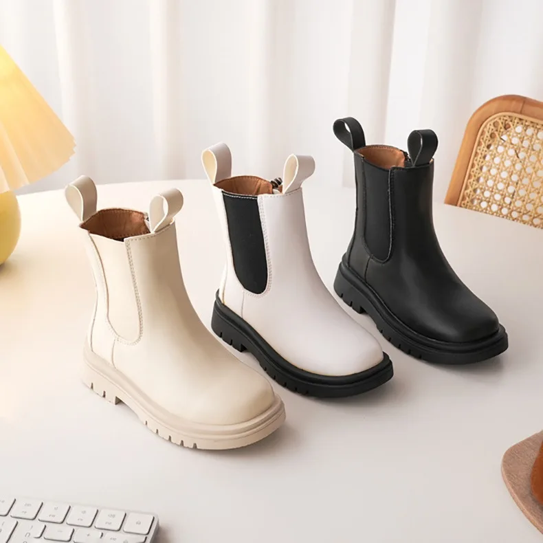 Kids Spring Winter Chelsea Shoes Thick Bottom Waterproof White Cotton Boots British Style Girls Toddler Short Boots Pipe Boots