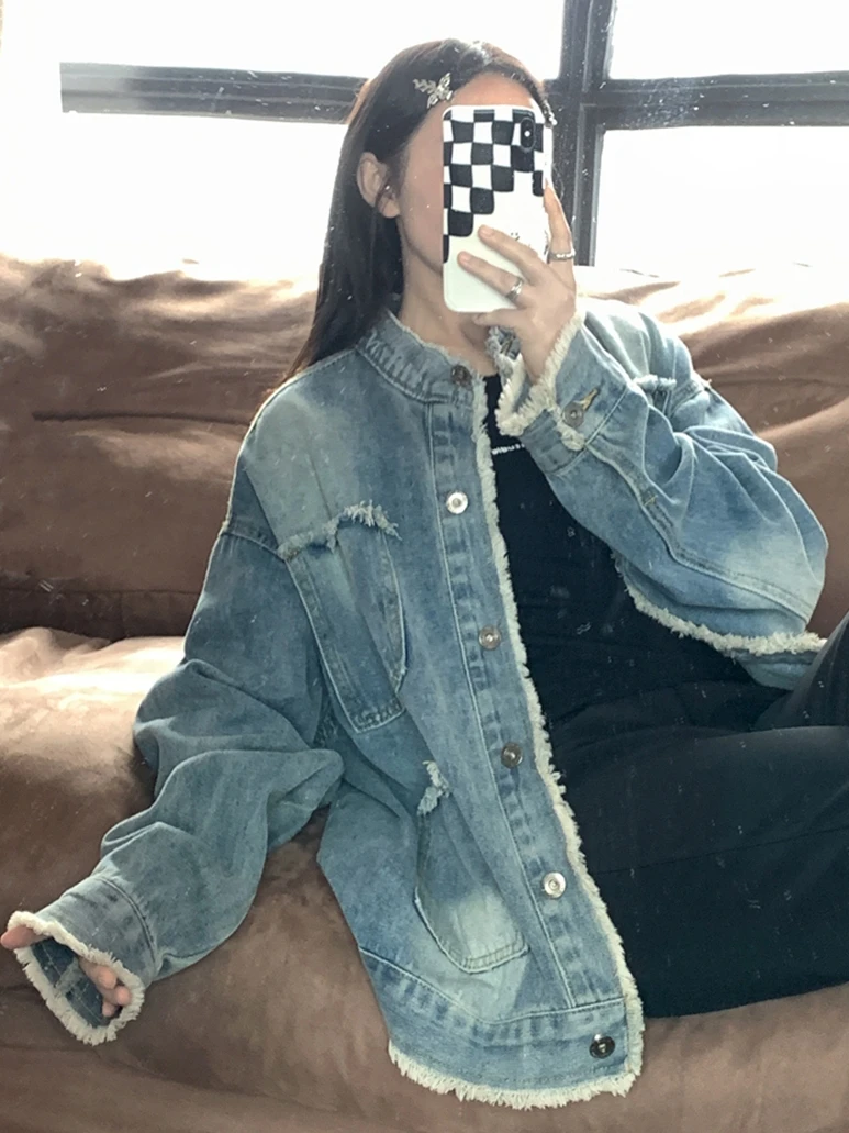 

Denim Coat Pink Flowers Womens Summer Knitted Patchwork Three-Quarter Balloon Sleeved Minimalist Outwears Sashes Jackets Vintage