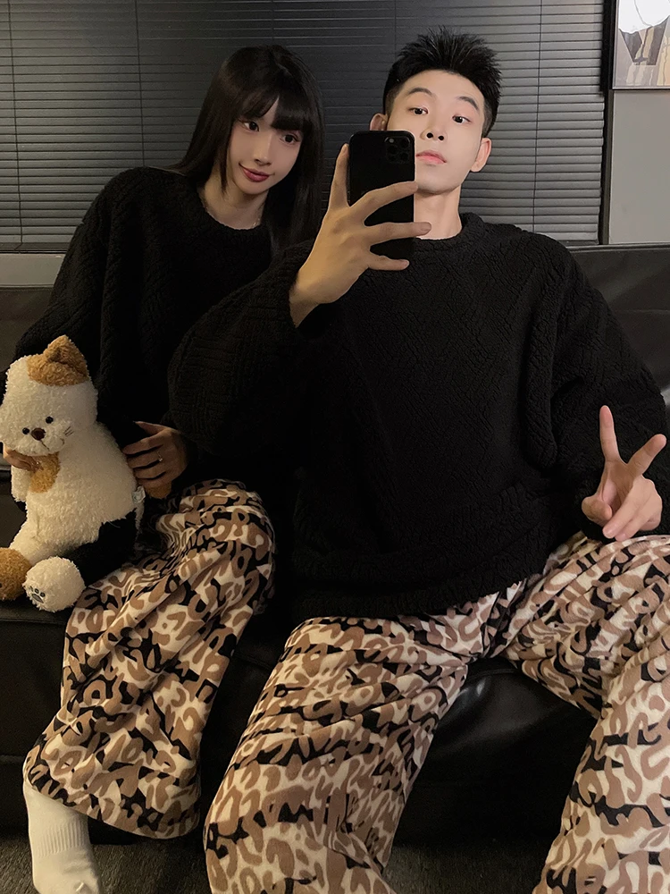 

DAIMELU male sleepwear winter long sleeved pajamas men's coral fleece flannel thickened warm plus size loungewear suit nightwear