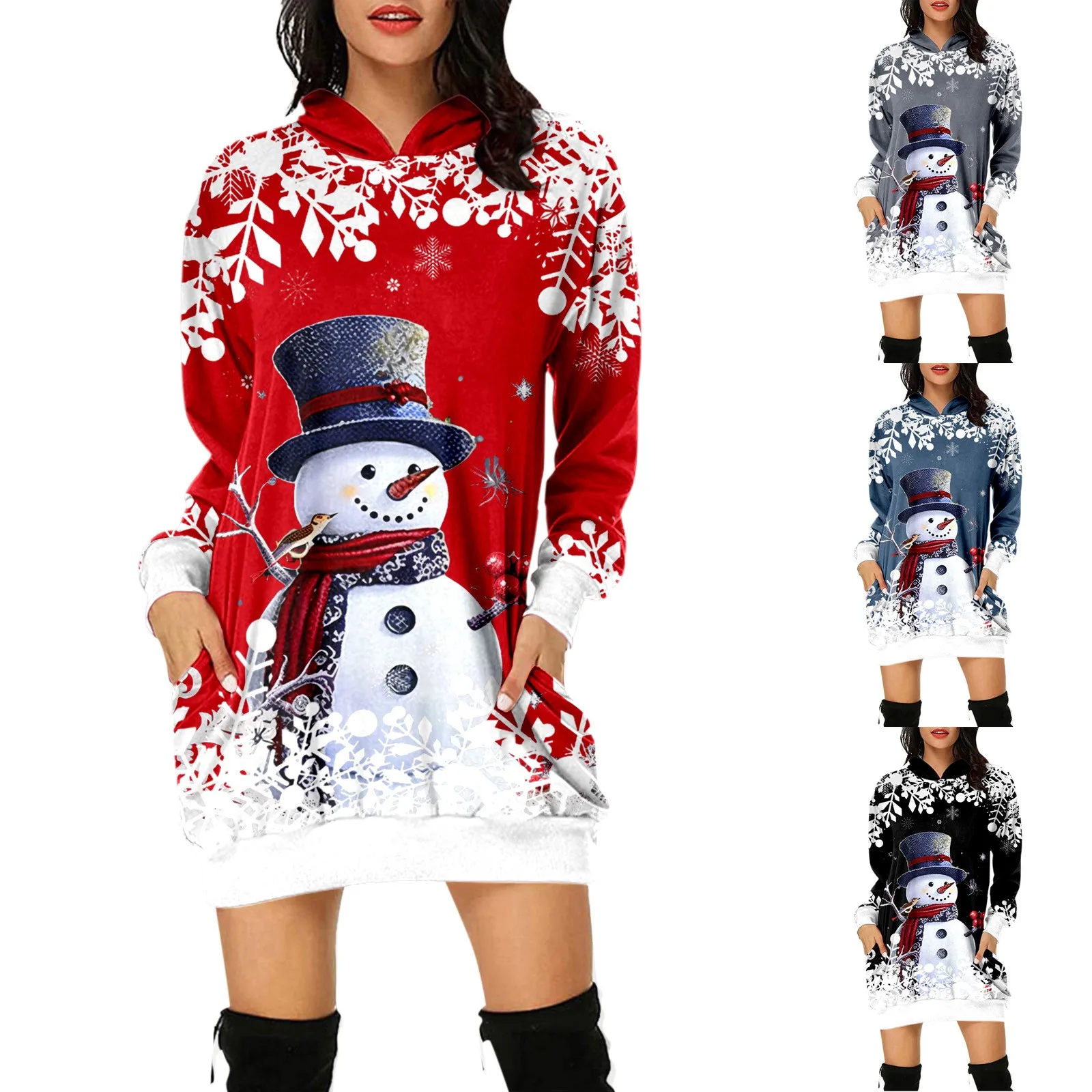 

New Lady Autumn Mini Dress Women Christmas Costumes cartoon print Fashion Christmas Pocket THin Long Sleeve Winter Dresses