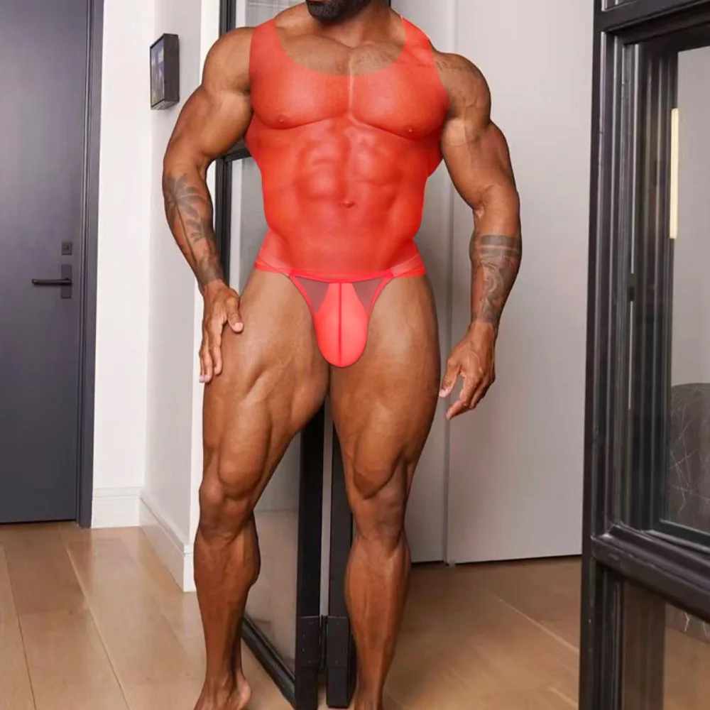 1-4PCS Transparent Sexy Men's Vest Silky Four-neck High Elastic Gloss Sports Wear Bottom Sleeveless Summer Seamless Breathable