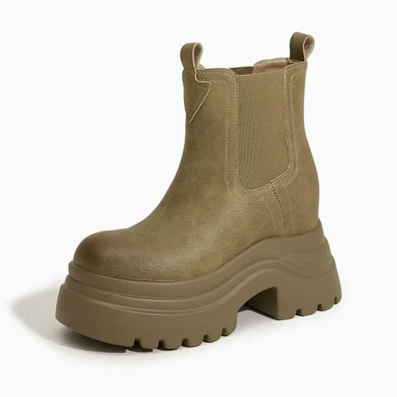 Women's High Chunky Heeled Chelsea Boots New Winter Round Toe Microfiber Leather Shoes Slip-on Ladies Retro Platform Short Boots