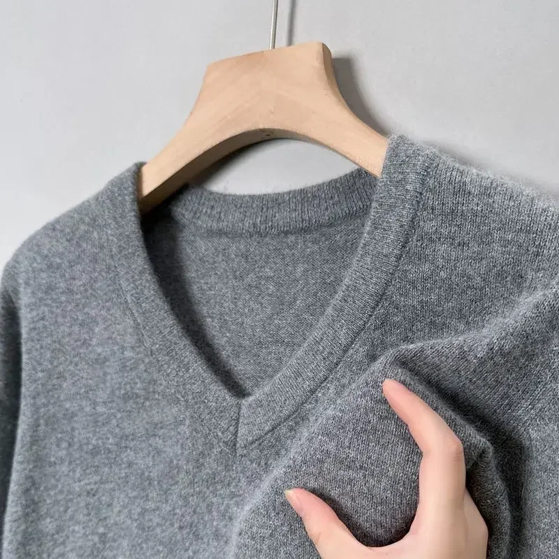 LIBIELIY Men's Knitted Warm V-neck Pullovers Ribbed Solid Slim Fit Classic Black Gray Sweater For Man Autumn Spring Top Jumpers