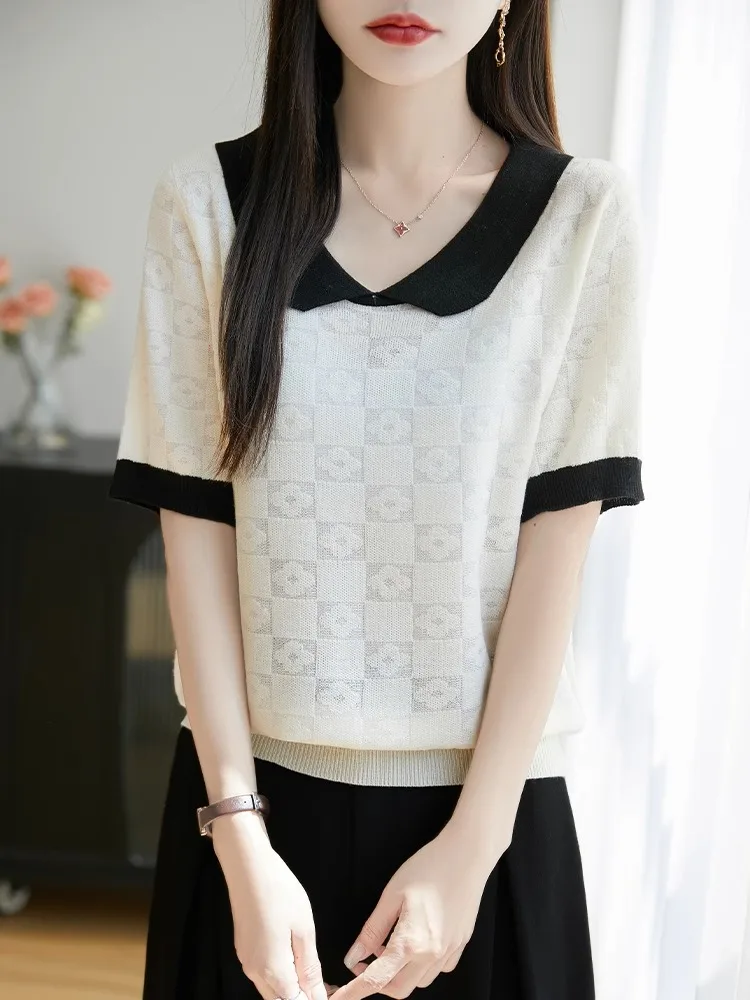 

Новинка 2025, женская трикотажная шерстяная футболка с воротником ort Sve, новинка лета, цветная блузка с цветочной вышивкой, пуловер на голову