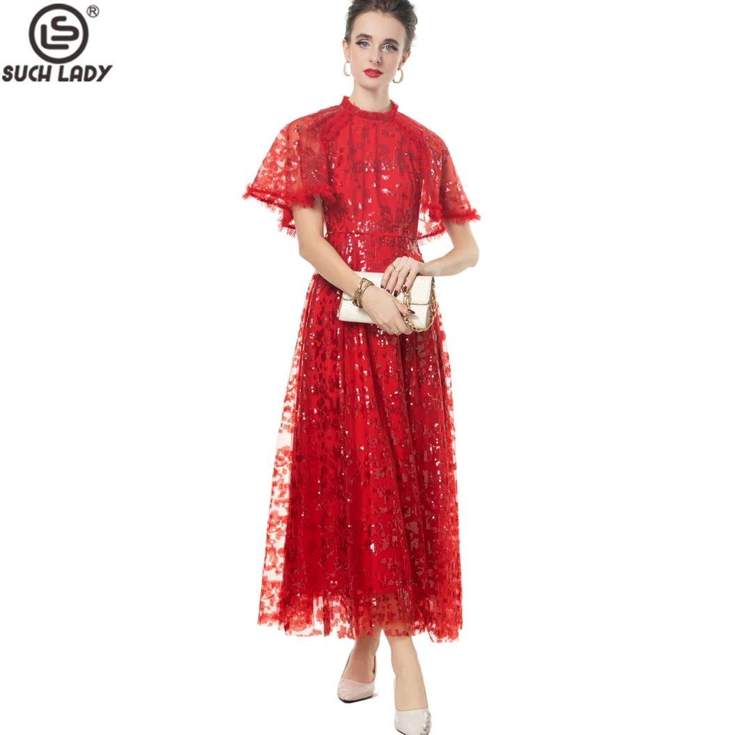 

Women's Dress O Neck Short Flare Sleeves