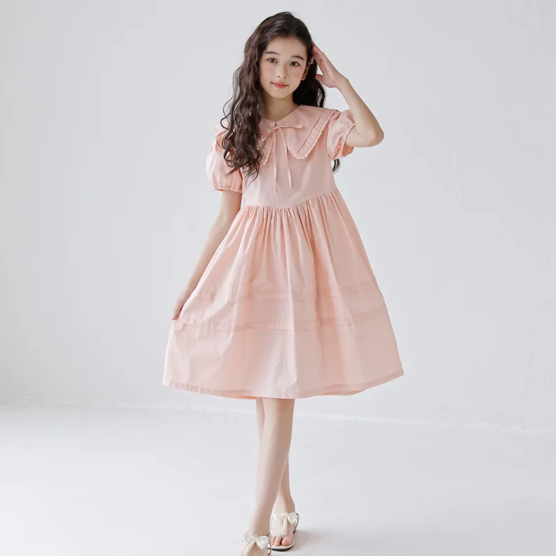 

Girls' Short Sleeve Dress 2025 Summer New Bubble Sleeve Girls' Cotton Skirt Lapel Big Kids' Sweet Princess Skirt