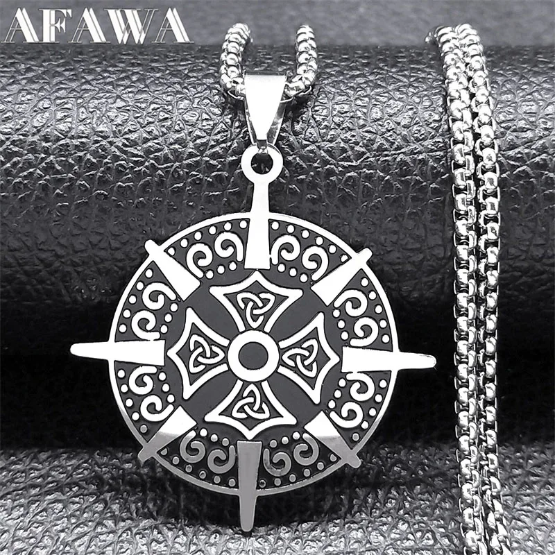 Viking Compass Shield Trinity Knot Necklace for Women Men Stainless Steel Silver Color Witch Celtic Necklaces Jewelry N7967S02