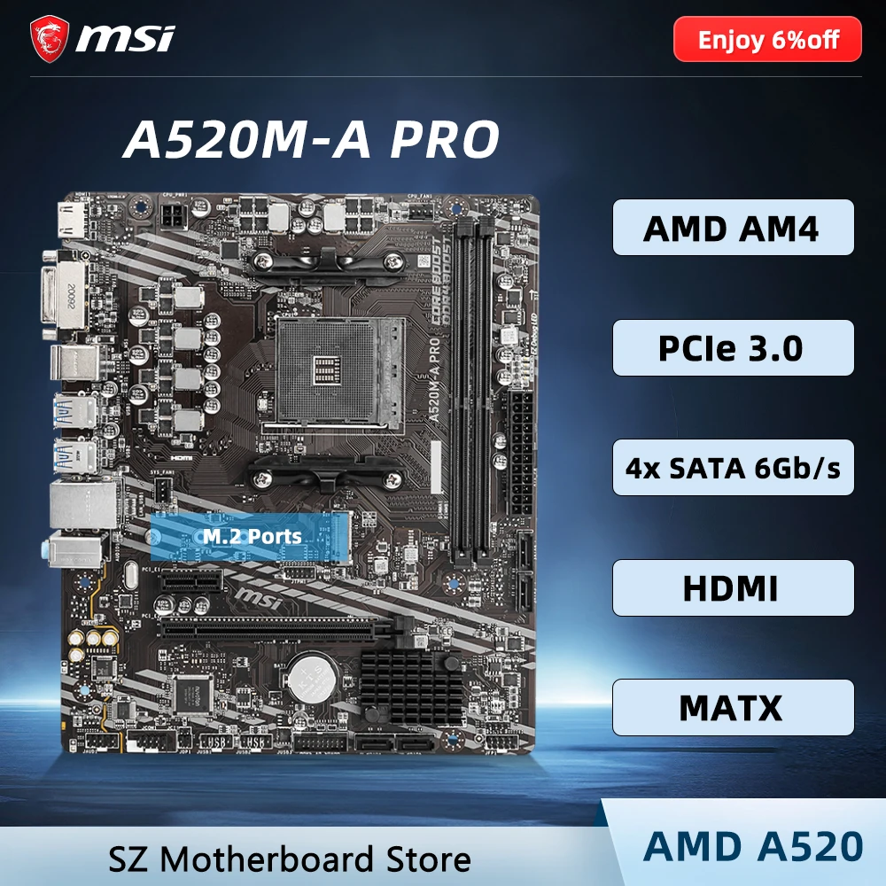 

Материнская плата MSI A520M-A PRO A520 AM4 для Ryzen 5/7/3 5600G 5500 5700X 4100 Процессор DDR4 PCI-E X16 M.2 Micro ATX Материнская плата Windows 10