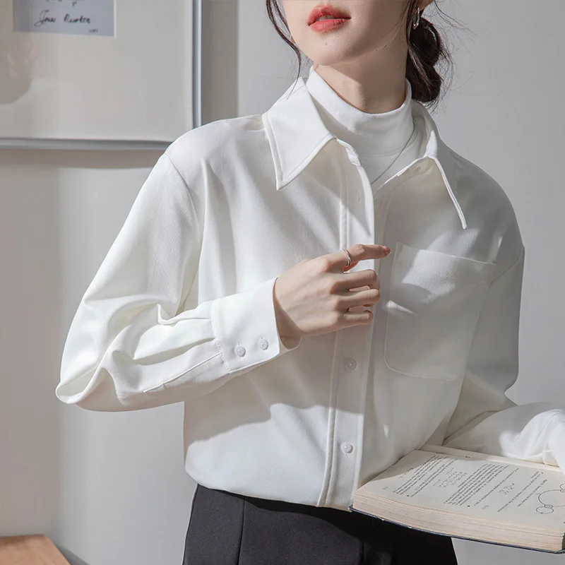 

2023 New White Long Sleeved Shirt Women Autumn Commuter Top Simple Solid Daily Casual All-match Blouse Female Pocket Loose Shirt