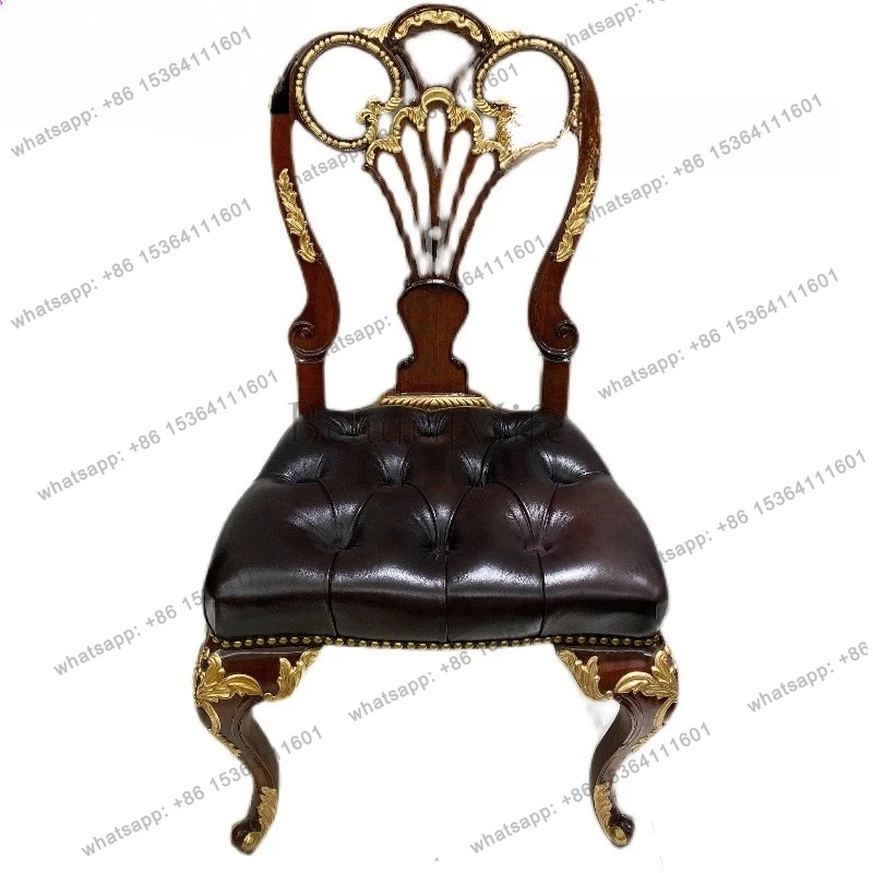 

Imported peach blossom core solid wood dining chair European classical cowhide dining stool gold foil old carved court chair