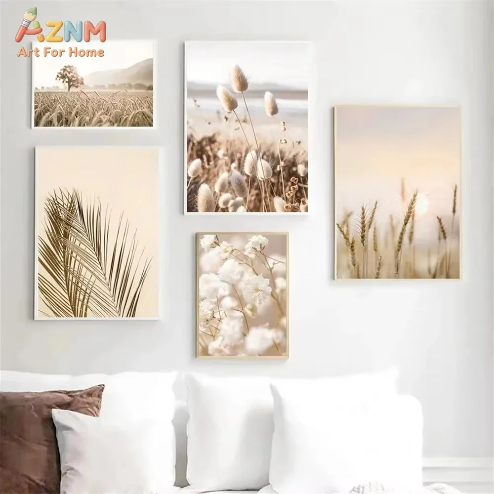Tableau sur toile Coucher de soleil, Mer, Lac, Bateau, Pont, Affiche Plage Mouette, Impression murale Feuille de roseau beige, Tableaux muraux nordiques, Décoration intérieure