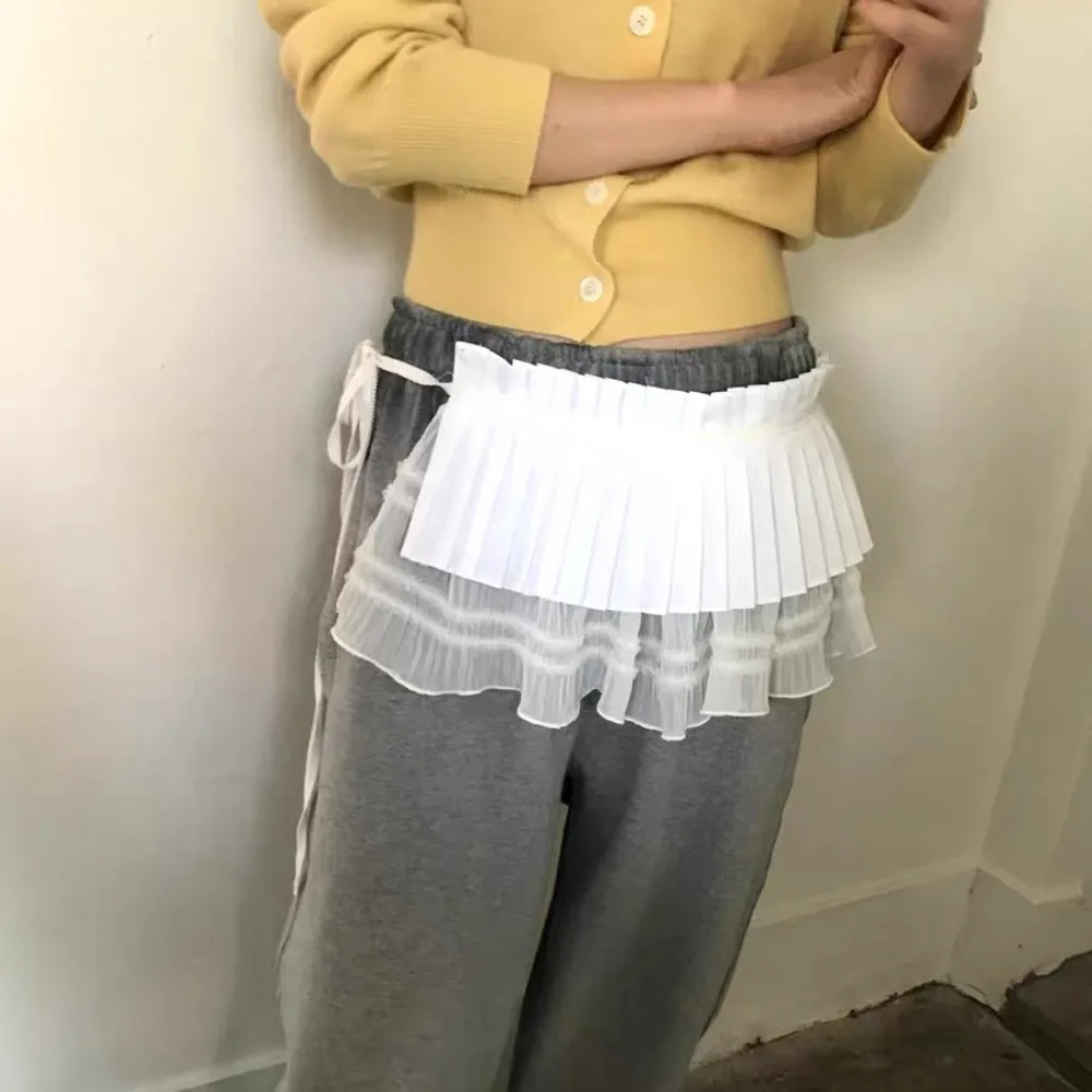 موضة الهيب هوب طبقة وتتسابق مطوي تنورة الحلو شبكة تكدرت حافة حزام Y2K قميص موسع الدانتيل يصل وشاح الورك الجينز ديكور