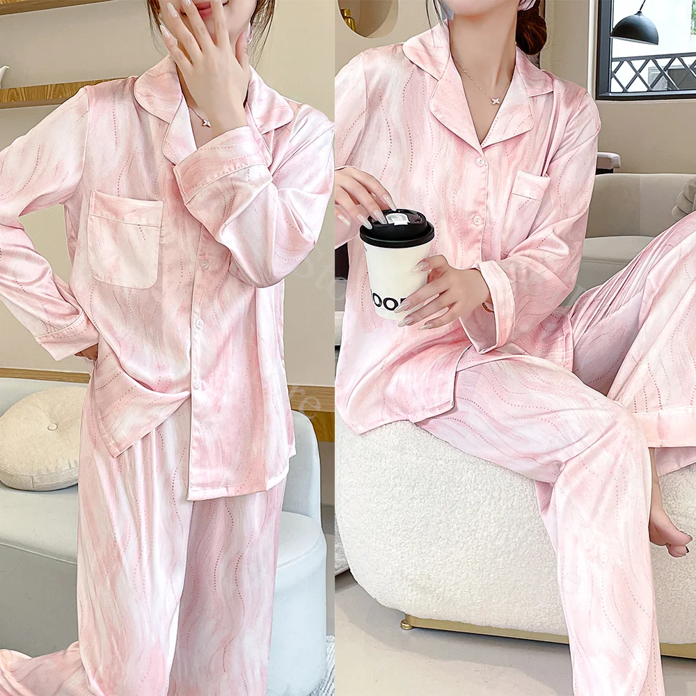 Satin Home Suit Women Summer Spring Pajamas Long Sleeve Shirt&pants Nightwear Lady Loose Nightwear Luxury Ice Silk Pyjamas