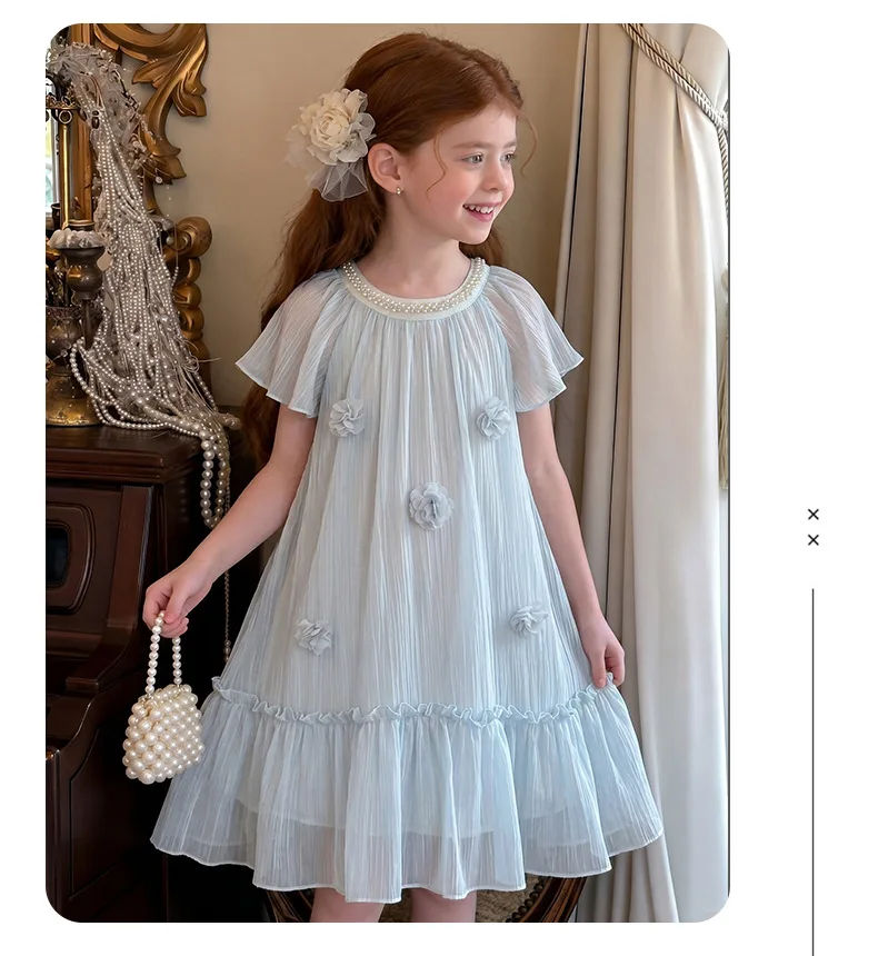 

New Baby Summer Girls Teenage Blue Floral Dress, Princess Kids Fashion Holiday Dresses 5- 12 T