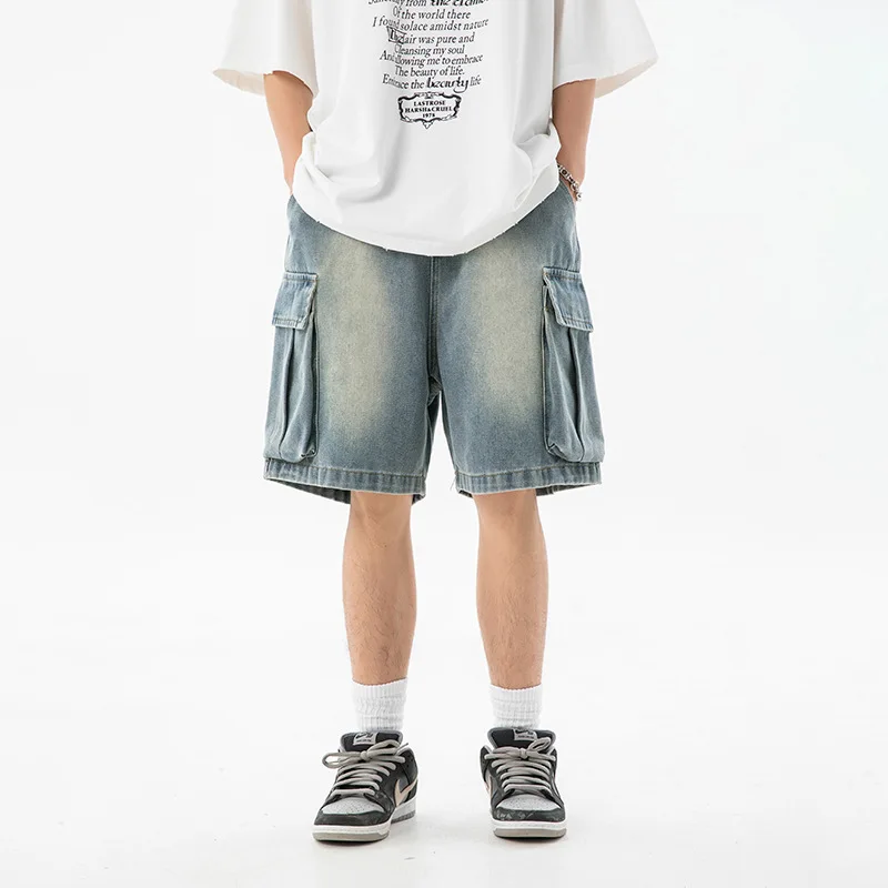 Old Washed Tooling Denim Shorts Men's Summer New Loose Side Three-dimensional Big Pocket Casual Five-point Pants