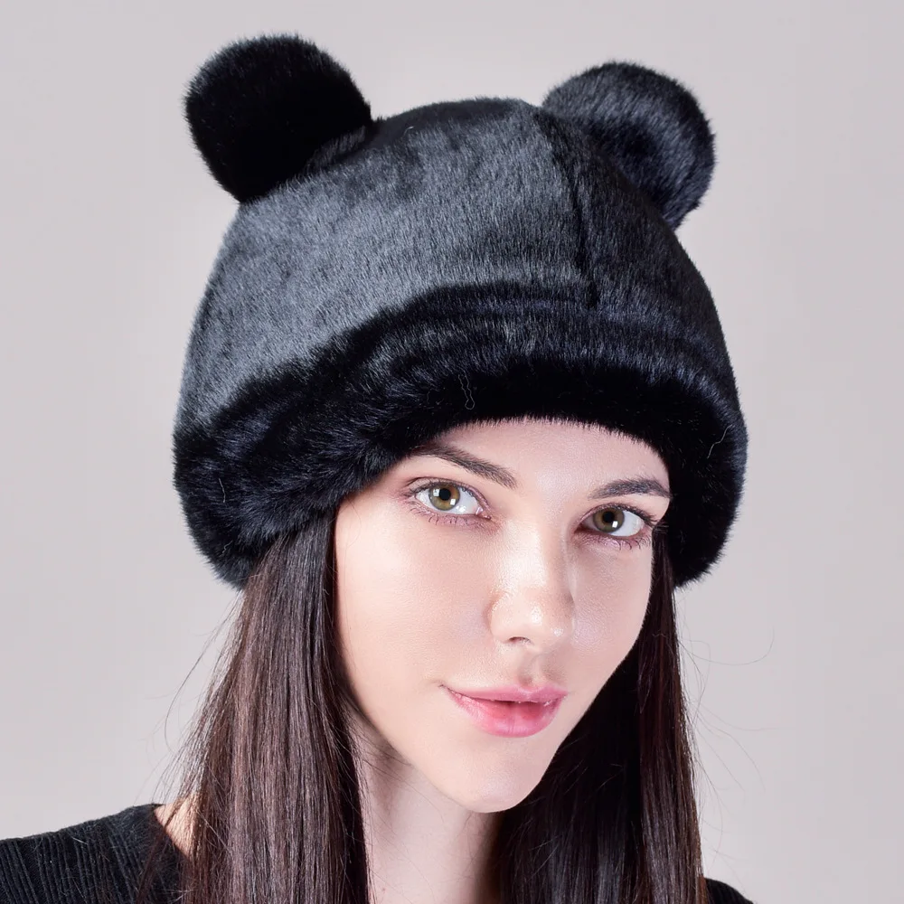 Winter Women\'s Bear Plush Hat Cute Thickened Warm Imitation Mink Hat Cold Protective Ear Cap Fashion Fur Hat Cat Ears Cotton Cap