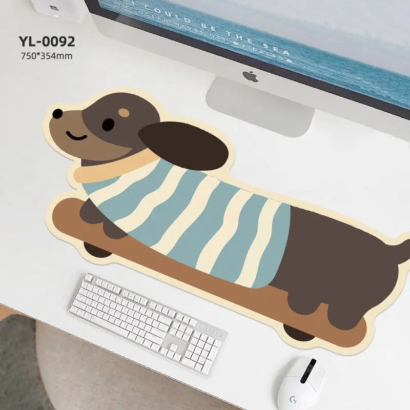 VIKAMA Unique Kawaii Kitty Shape Gaming Desk Pad Cream Outline Irregular Animal Non Slip Base Stitched Edge Extended Mouse Pad
