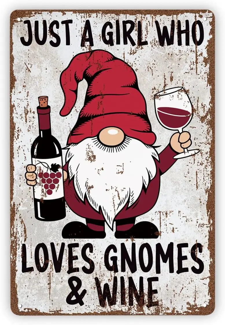 Funny Vintage Metal Tin Signs, Just a Girl Who Loves Gnomes and Wine, Wine Bar Wall Sign, Gnome Lover Gift, Coworker Gifts, Chri