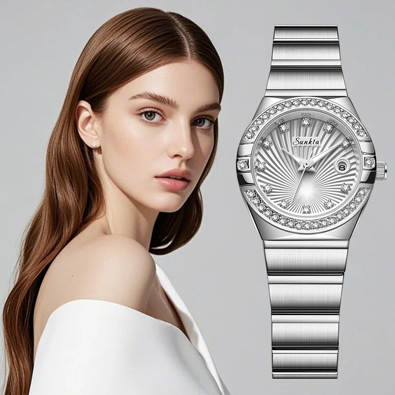 

LIGE Sunkta Luxury Quartz Woman Watch Fashion Elegant Diamond Stainless Steel Waterproof Luminous Date Ladies Watches for Women