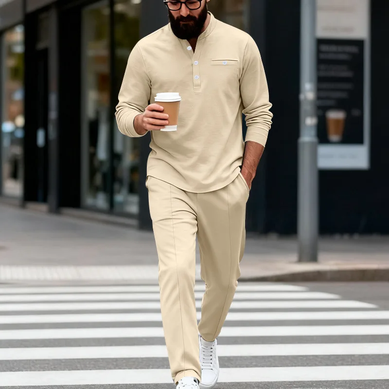 

Men's American Retro Casual Henley Shirt Pants Set Loose Minimalist Commuter Long Sleeve Outfit Spring Autumn