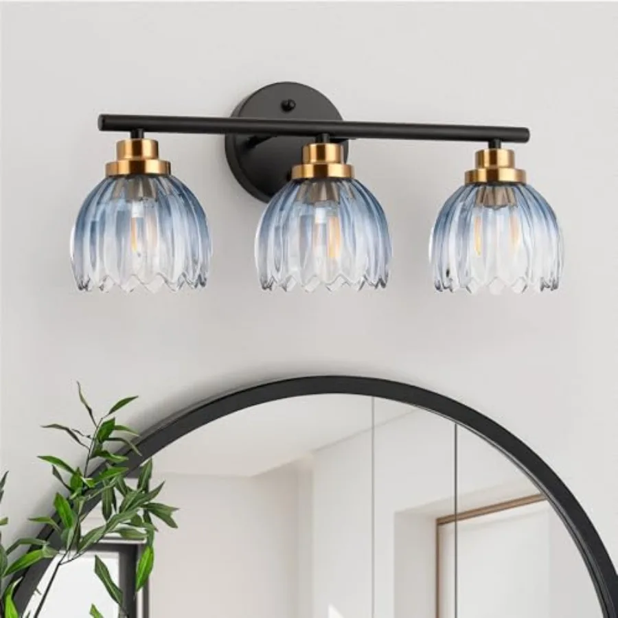 

Bathroom Vanity Light Fixtures 3-Light Modern Black and Gold Wall Lights Over Mirror with Gradient Blue Tulip Glass Shades Bath