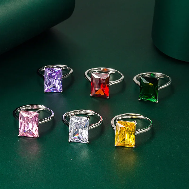 New Temperament Rectangular Purple Single Diamond Ring Fashion Color Treasure Opening Ring Female Inlaid Green Crystal Bracelet