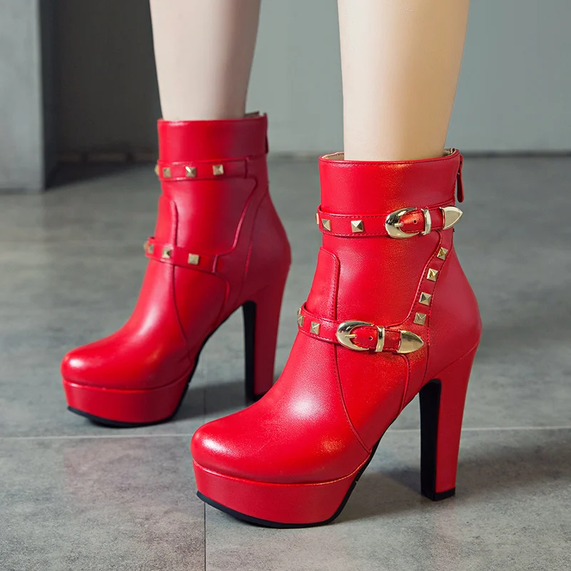 

Модные женские ботинки на платформе, пикантные женские ботильоны с заклепками, красные, желтые, белые, черные короткие туфли для вечеринок, женская обувь большого размера