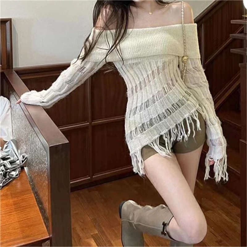 

Women Sexy Off Shoulder Sweater Hollow Fringed Tassels Asymmetrical Knitted Tops 066C