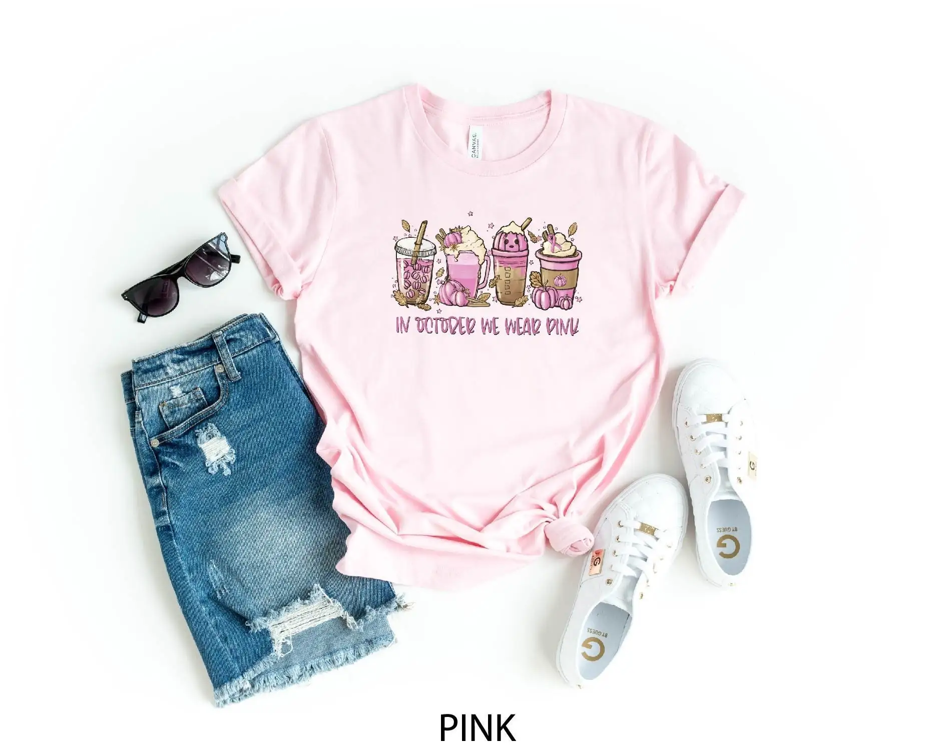 In October we Wear Pink latte Drink T Shirt Breast Cancer Awareness Fall Coffee Pumpkin Spice